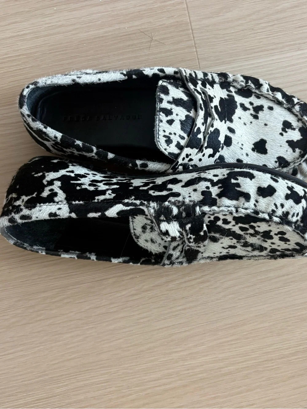 Freda Salvador Black & White Cow Haircalf Penny Loafers